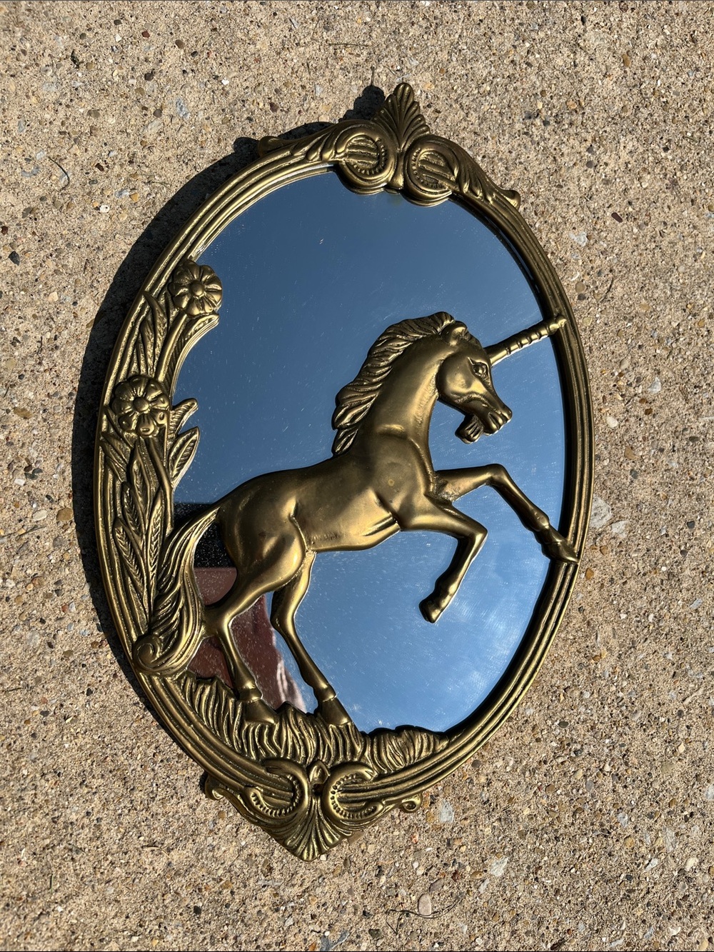 Vtg MCM Solid Brass Unicorn Accent Wall Mirror W/Floral Design Mythical W/Box